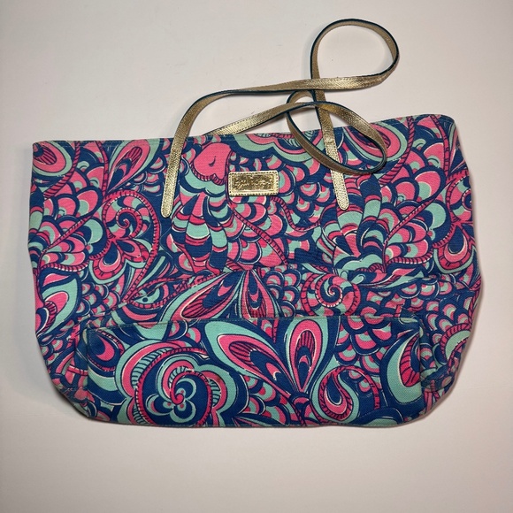 Lilly Pulitzer Canvas Tote Bag – Pink/Blue Swirl Print Resort Preppy - Picture 1 of 5